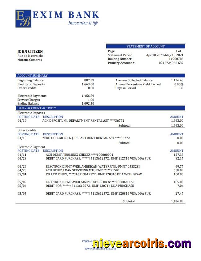 Comoros  Exim bank statement